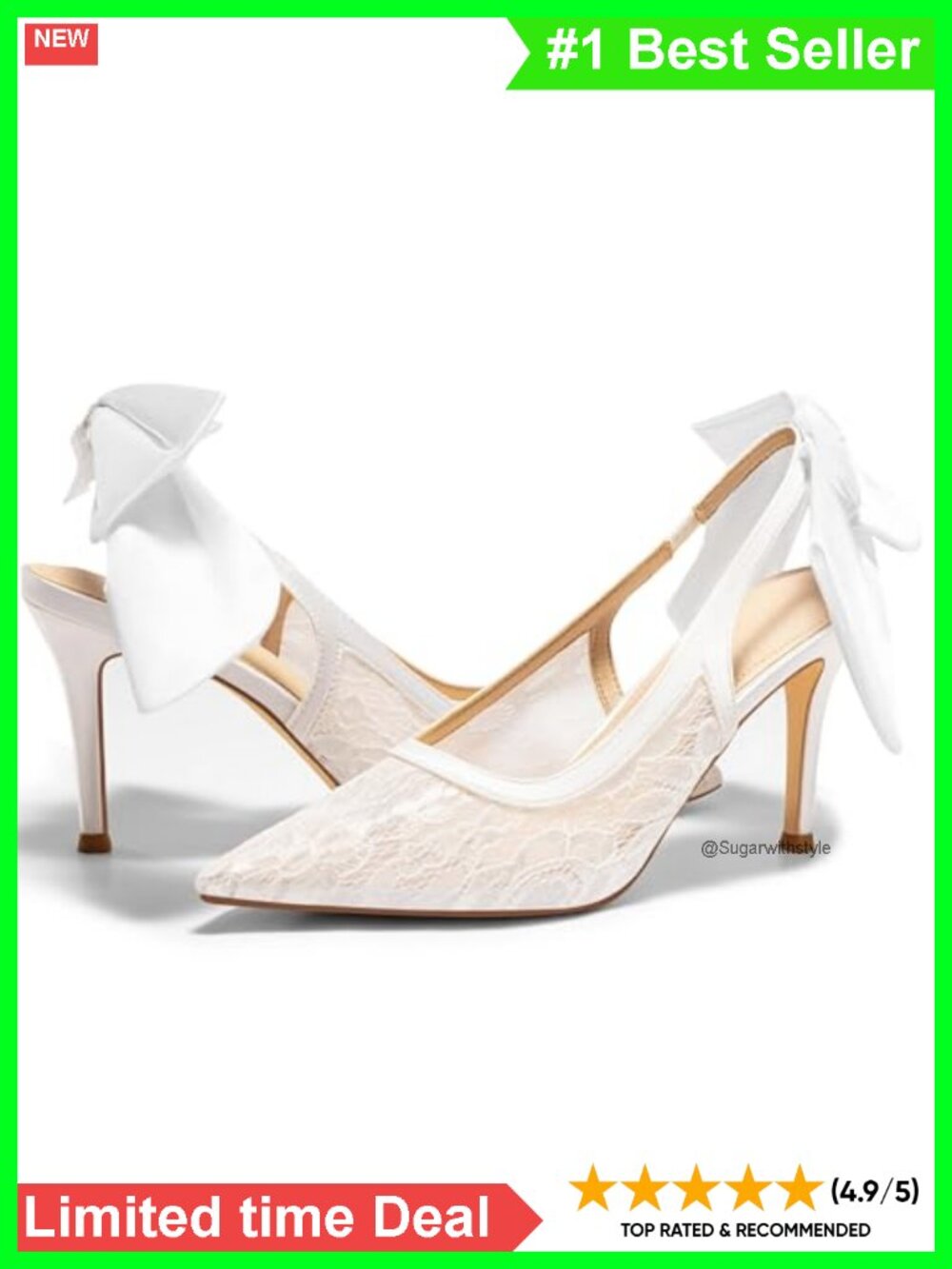 Pointed Toe Slingback Stiletto Heels Bow Lace Patchwork Dress Pumps